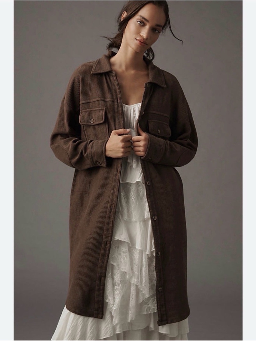 Anthropologie Pilcro Button-Front Utility Shirt Duster Shacket Jacket Brown - Picture 1 of 10